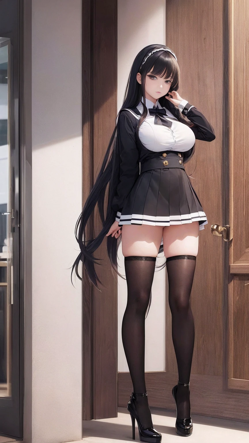 (masterpiece, top quality, best quality, official art, beautiful and aesthetic:1.0), (8k, best quality, masterpiece:1.2), very long hair,(full body:1.3), (large breasts:1.4), very long hair, high heels, black thighhighs, micro skirt, random hair, tall girl, school girl uniform ,