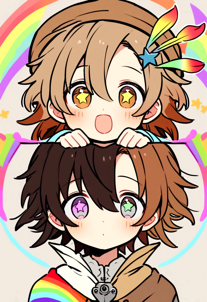 a male childish anime boy with black and brown stripped hair colors, his bang is covered his forehead and he has a messy styled hair, and there's normal and star shaped hairpin on his hair he wears white and brown colored soft hat and on his hat there's a rainbow feather plugged in his hat, he has grey colered eyes with some stars mark on his eyes he has sweet face and cute mouth