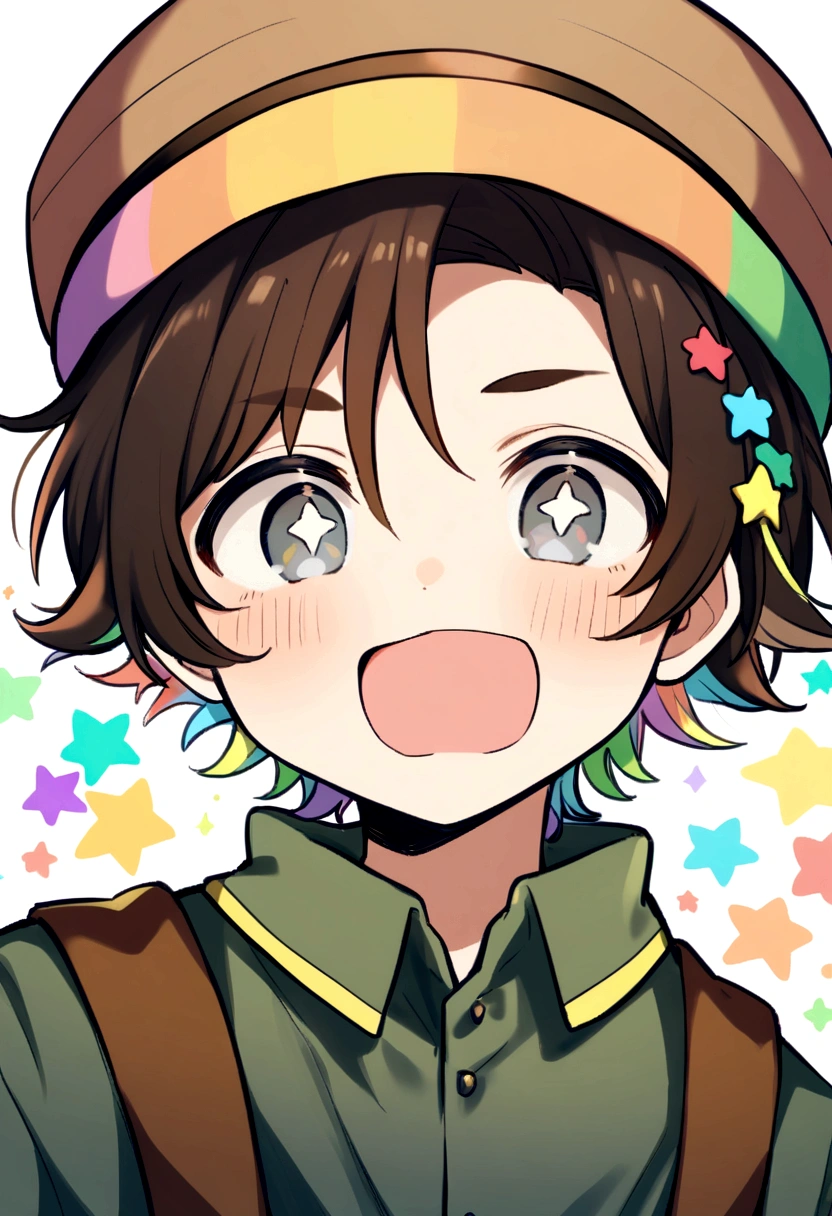 a male childish anime boy with black and brown stripped hair colors, his bang is covered his forehead and he has a messy styled hair, and there's normal and star shaped hairpin on his hair he wears white and brown colored soft hat and on his hat there's a rainbow feather plugged in his hat, he has grey colered eyes with some stars mark on his eyes he has sweet face and cute mouth