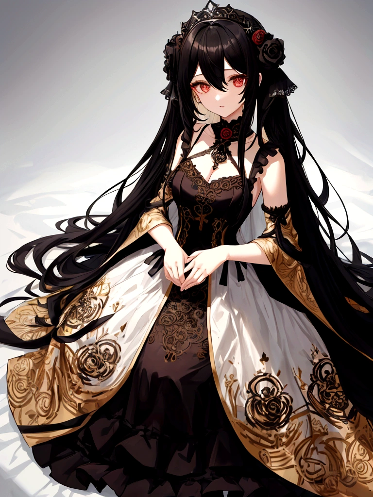 long hair hair between eyes blunt bangs whole body one girl calm hair Ball jointed doll She is wearing a dress decorated with black roses.