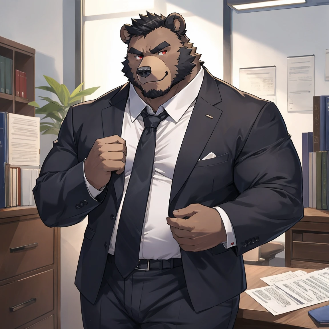 黑Bear兽人，entrepreneur，Boss of listed group ，Bear，height 188cm，Weight 160 kg，Thick black hair，Red eyes，Strong physique，Small belly，fat，Full of male hormones。He usually wears a suit and tie.，Wearing a tie，Carrying a briefcase，Showing a kind of upper-class human dress。office，desk，But deep down，He likes to keep his orcish nature.，Enjoy the original and instinctive。