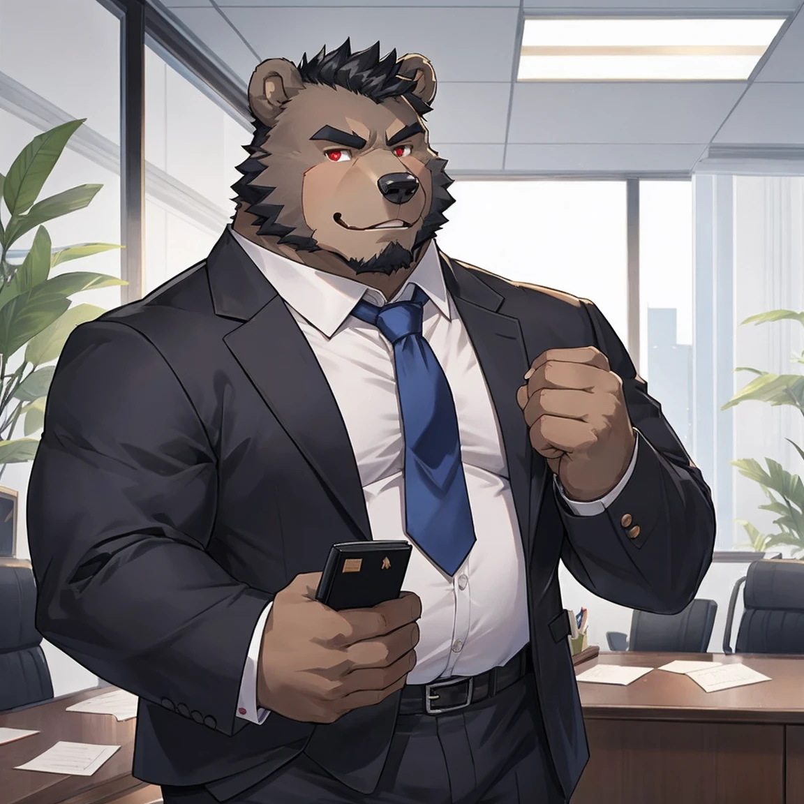 黑Bear兽人,entrepreneur,Boss of listed group ,Bear,height 188cm,Weight 160 kg,Thick black hair,Red eyes,Strong physique,Small belly,fat,Full of male hormones。He usually wears a suit and tie.,Wearing a tie,Carrying a briefcase,Showing a kind of upper-class human dress。office,desk,But deep down,He likes to keep his orcish nature.,Enjoy the original and instinctive。