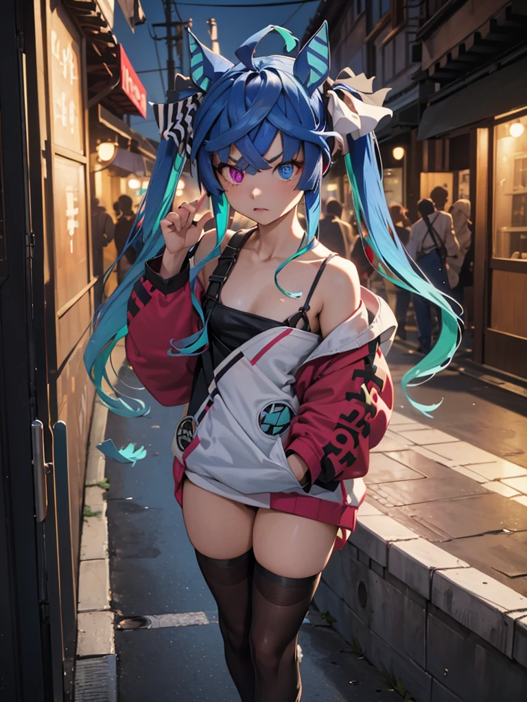 NSFW,One girl,hoshimachi suisei,blue eyes,Blue Hair,choker,Hair between the eyes,Medium Hair,Side Ponytail,スターchoker,Small breasts,Jacket,Off-the-shoulder shirt,cropped,Shorts,Thigh straps,Downtown at night,Narrow Alley,(Perfect hands),(Perfect Anatomy),(masterpiece),(highest quality),Embarrassed,blush