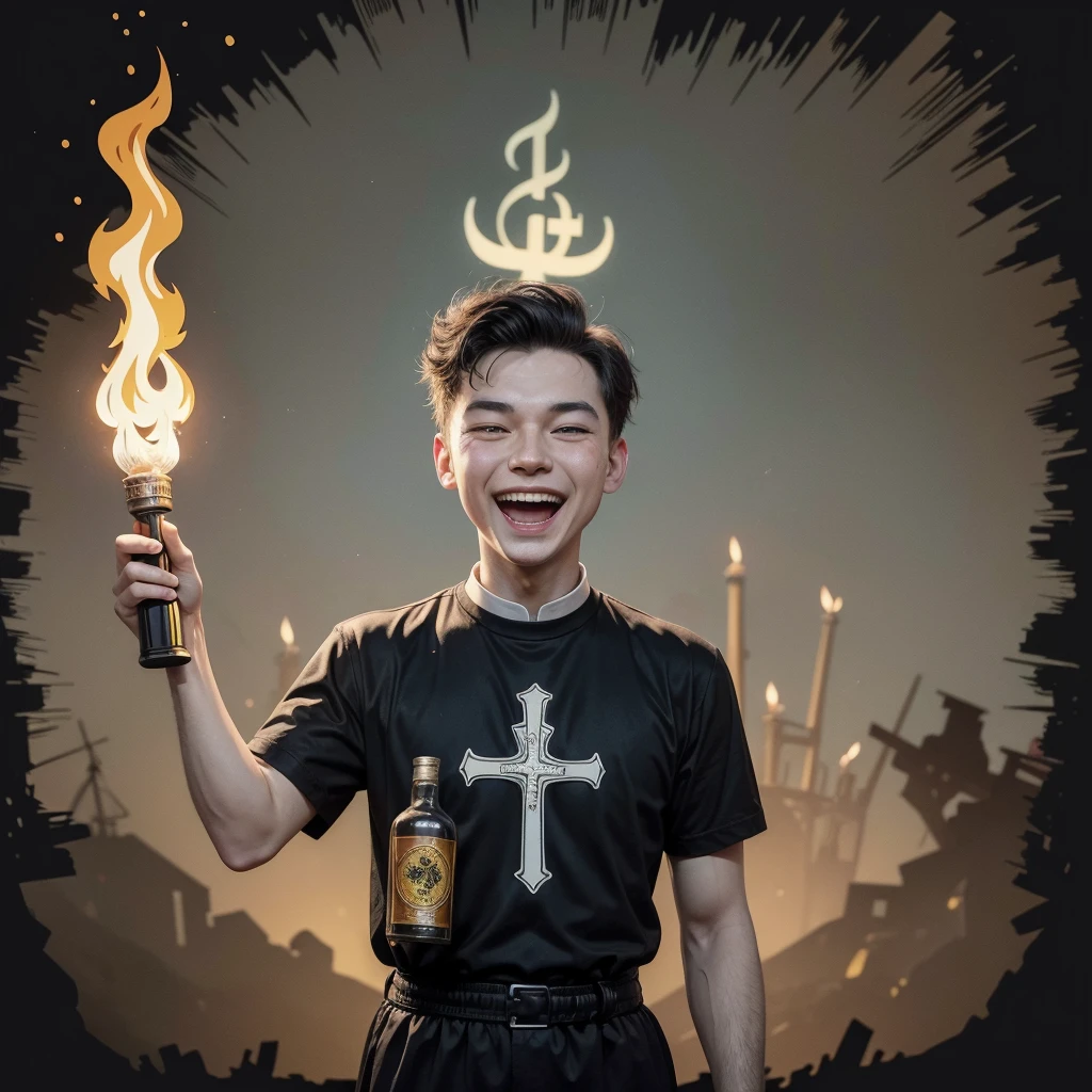 (a sticker) a cheerful priest with a torch in one hand and a bottle of rum in the other, burning a church, vintage 50s graphic cartoon style, raster effects, die cut sticker, logo, vector graphic, t-shirt design, No background, white outline
