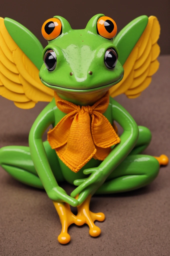 A frog doll with yellow wings and orange eyes.