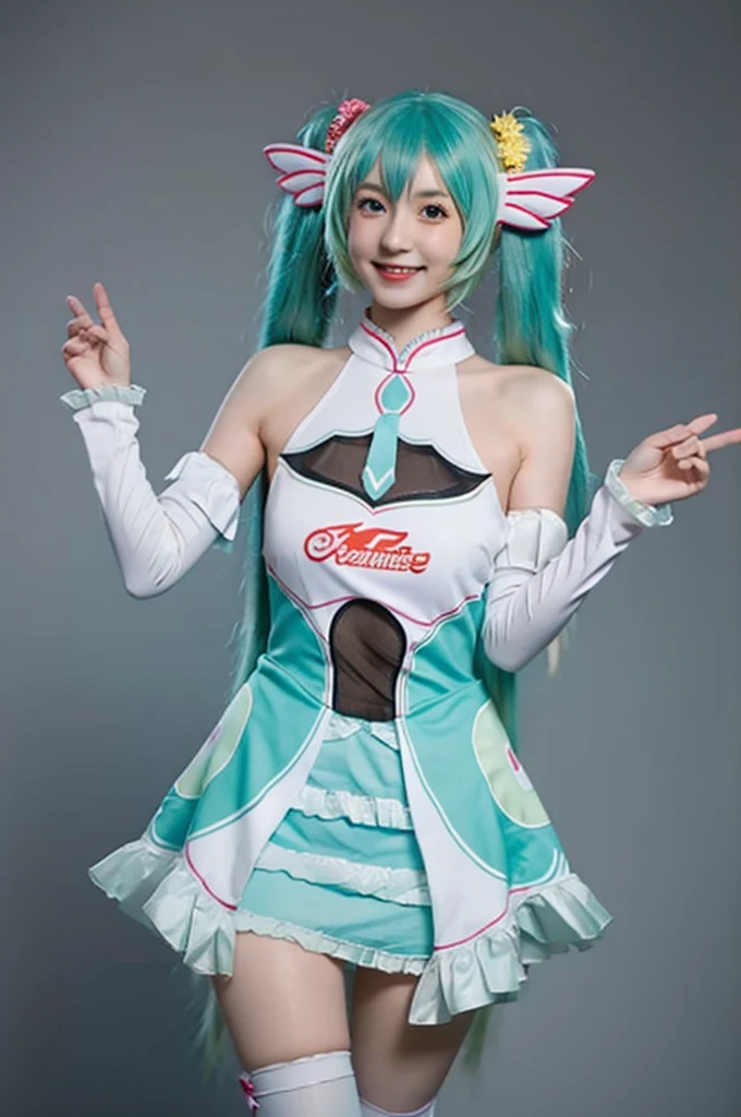 (((nsfw)))、Highest quality, masterpiece, Realistic, photoRealistic, One girl, alone, View your viewers, smile, Are standing, Cowboy Shot, hatsune miku Cosplay costume, Cosplay, racing Miku, hatsune miku, Twin tails, Very long hair, Aqua Hair, hair ornaments, dress, No sleeve, Bare shoulders, Removable sleeves, Knee socks, Gray background, Showing genitals、