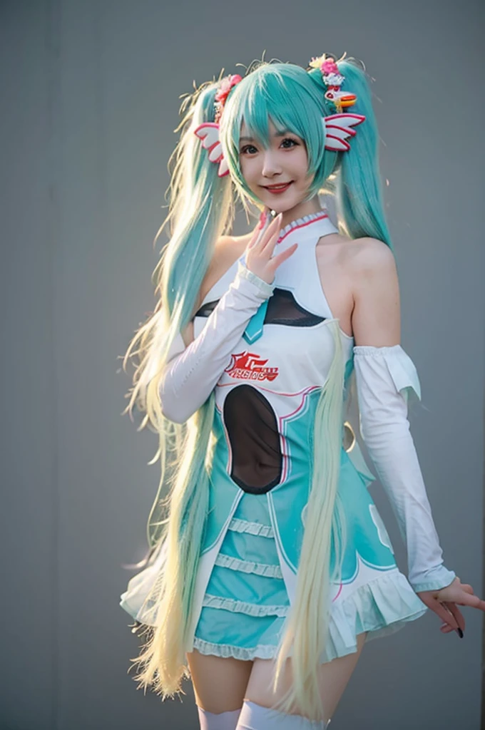 (((nsfw)))、Highest quality, masterpiece, Realistic, photoRealistic, One girl, alone, View your viewers, smile, Are standing, Cowboy Shot, hatsune miku Cosplay costume, Cosplay, racing Miku, hatsune miku, Twin tails, Very long hair, Aqua Hair, hair ornaments, dress, No sleeve, Bare shoulders, Removable sleeves, Knee socks, Gray background, Showing ????????、