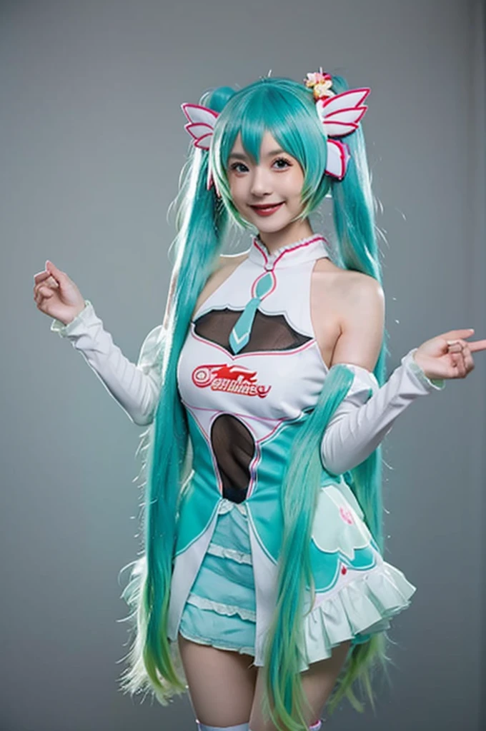 (((nsfw)))、Highest quality, masterpiece, Realistic, photoRealistic, One girl, alone, View your viewers, smile, Are standing, Cowboy Shot, hatsune miku Cosplay costume, Cosplay, racing Miku, hatsune miku, Twin tails, Very long hair, Aqua Hair, hair ornaments, dress, No sleeve, Bare shoulders, Removable sleeves, Knee socks, Gray background, Showing genitals、