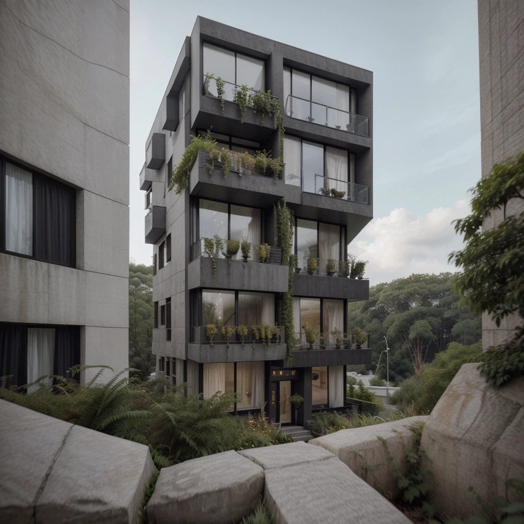 a modern 04 floors house with a lot of windows and a lot of plants, highly detailed render, very realistic 3 d render, realistic physical rendering, realistic architecture, Lumion render, high quality rendering, wide angle exterior 2022, natural realistic render, very realistic render, large modern residence, exterior design, high-quality render, professional render, black color