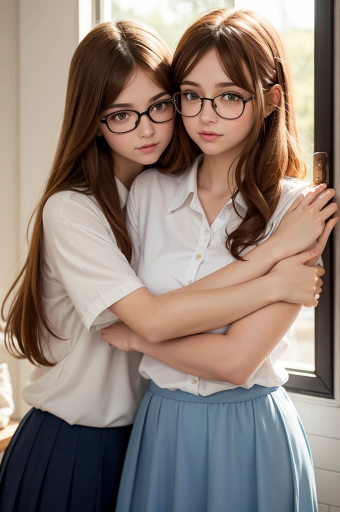 Two girls hugging, one has glasses, brown eyes, is white and has long brown hair, is wearing a white blouse and a long navy blue skirt, the other is a redhead, has green eyes and has pixie cut hair and is wearing an orange basketball uniform.