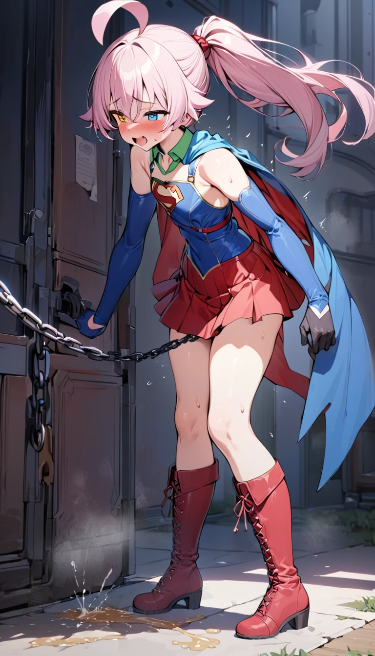 (full body), (masterpiece:1.2), (Highest_quality:1.2), (Ultra_detailed:1.3), 8K,1 Girl，alone，大きなButtの***, red knee high long boots，wearing spcc costume with cape，( Supergirl), Blue leotard，Red mini skirt，Red Cape，gloves，hoshino-ponytail,hoshino \(blue archive\), heterochromia,medium hair,ponytail,pink hair,ahoge,Halation,Browsing Caution,Heart-shaped pupils,orgasm, Butt,Sweat,(urination)，Climax，To convulsions，Wear a green collar，wrists tied with chains，