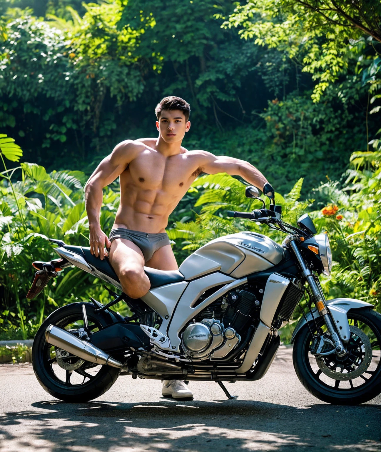 a high-definition, artistic photograph featuring a fit, muscular male model posing shirtless in grey underwear while sitting on a motorcycle. The setting should be an outdoor environment with lush green foliage in the background, conveying a natural and adventurous atmosphere. The model should exude confidence and a sense of freedom, with the motorcycle adding a rugged, dynamic element to the scene. The lighting should be natural, highlighting the model's defined physique and the vibrant colors of the motorcycle and surrounding nature.