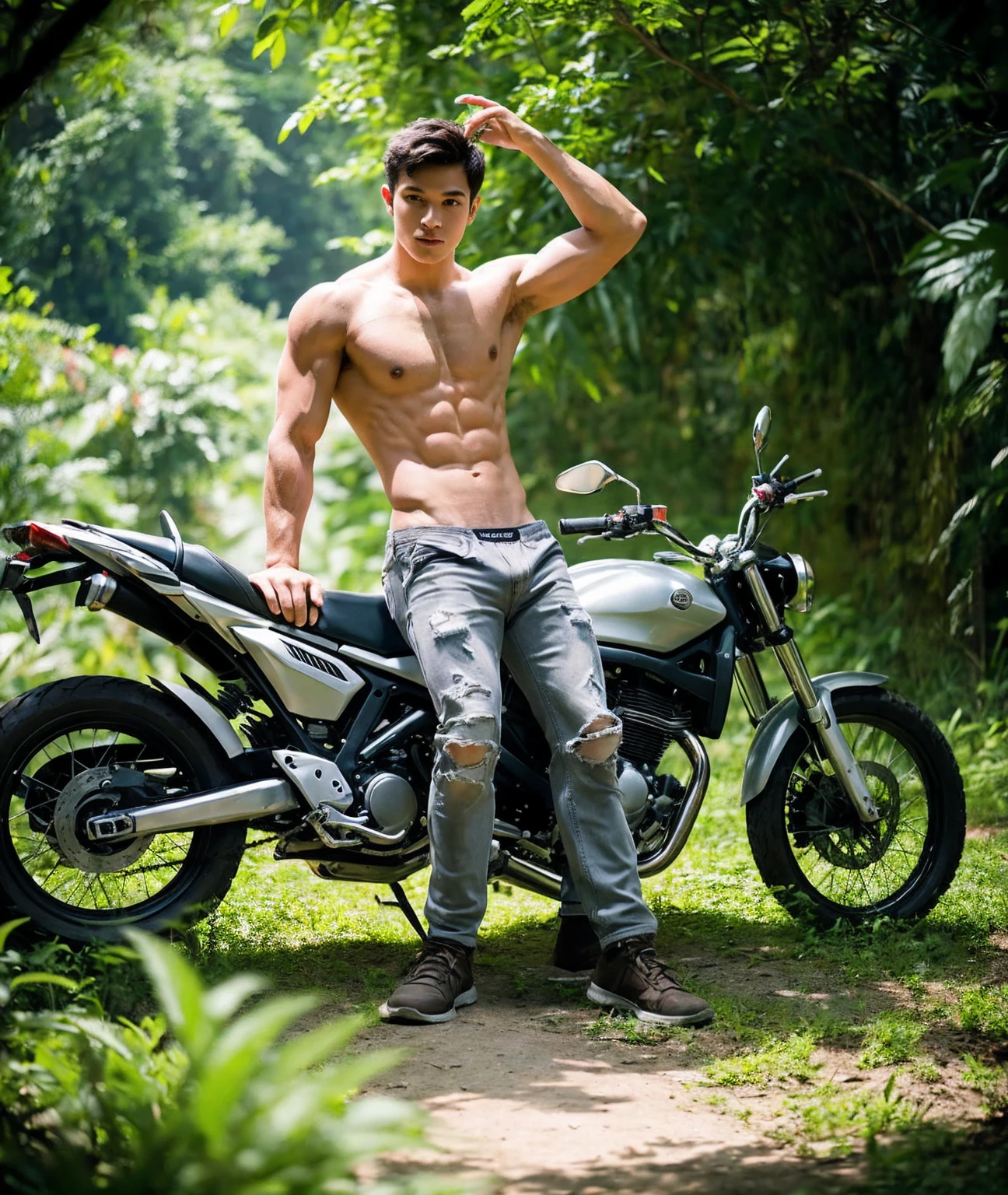 a high-definition, artistic photograph featuring a fit, muscular male model posing shirtless in grey underwear while sitting on a motorcycle. The setting should be an outdoor environment with lush green foliage in the background, conveying a natural and adventurous atmosphere. The model should exude confidence and a sense of freedom, with the motorcycle adding a rugged, dynamic element to the scene. The lighting should be natural, highlighting the model's defined physique and the vibrant colors of the motorcycle and surrounding nature.