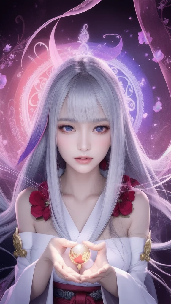 (masterpiece, top quality, 1 female, solo, exquisite details, chromatic aberration), (realistic), (skin), ((breathing)), (silver hair, blunt bangs, cropped straight long hair, short bangs, silver hair), beautiful hair, red headdress, highlights, hair on one eye, beautiful eyes, purple eyes, thick lips, earrings, piercing eyes, ((gold and white kimono)), ((symmetrical eyes)), ((perfectly symmetrical body)), ((perfectly symmetrical hands)), (purerosface_v1:0.3), full moon night, ((self, natural light))), bright lighting, flowers blooming in background, in front of viewer, ((central shot, from the front, (face and shoulders))), mysterious atmosphere, colorful flowers blooming around, bright colored background, shrine maiden in kimono, beautiful shrine maiden, Shrine maiden, fantasy female shrine maiden, female fortune telling shrine maiden, fantasy photography, Japanese style, elegant cinematic fantasy art, fantasy woman, sorceress portrait, powerful wizard surrounded by mystical colorful flowers, holding a glowing heart crystal ball, eyes glowing with mystical energy, spells leaking from her mouth, vibrant sorcery vortexes pulsating with rainbow hues appear in the air, magic permeates, flowers bloom, sacred creatures gaze in awe, threads of magical energy dance, reveal hidden realms, unravel secrets, capture the essence of this enchanting moment and bring to life the mystical power of sorcery on a canvas of the highest quality and finest detail. Top quality, masterpiece, ultra high resolution, (photorealistic: 1.4), RAW photo, sharp focus, high resolution, detailed skin.
Flowers blooming all around, bright colored background, fortune teller in kimono, beautiful fortune teller, fortune teller, fantasy female fortune teller, female fortune teller, fantasy photography, Japanese style, fortune teller in kimono, elegant cinematic fantasy art, fantasy woman, magician portrait, fortune teller, powerful wizard surrounded by mystical colorful flowers, holding a glowing heart c