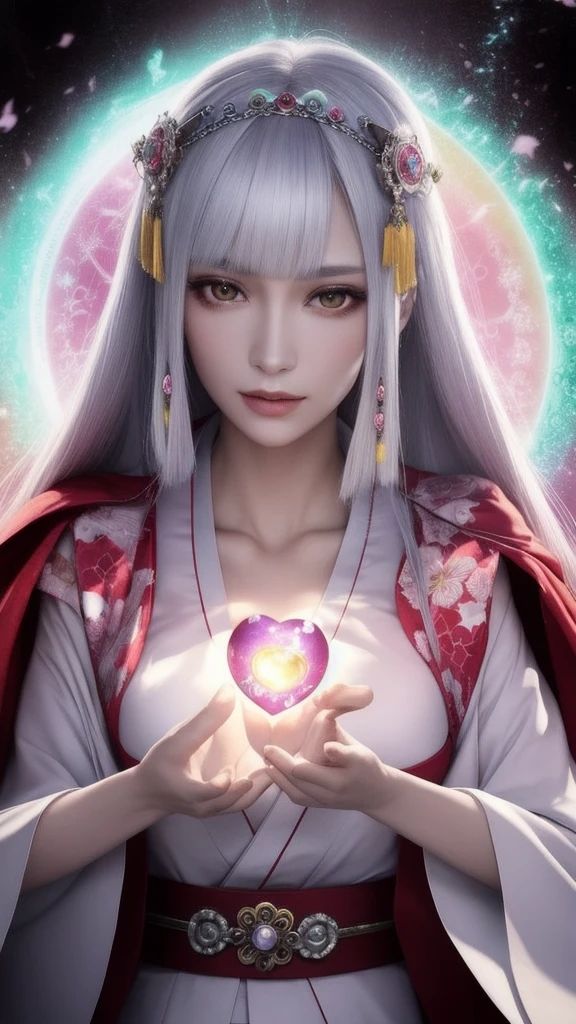 (masterpiece, top quality, 1 female, solo, exquisite details, chromatic aberration), (realistic), (skin), ((breathing)), (silver hair, blunt bangs, cropped straight long hair, short bangs, silver hair), beautiful hair, red headdress, highlights, hair on one eye, beautiful eyes, purple eyes, thick lips, earrings, piercing eyes, ((gold and white kimono)), ((symmetrical eyes)), ((perfectly symmetrical body)), ((perfectly symmetrical hands)), (purerosface_v1:0.3), full moon night, ((self, natural light))), bright lighting, flowers blooming in background, in front of viewer, ((central shot, from the front, (face and shoulders))), mysterious atmosphere, colorful flowers blooming around, bright colored background, shrine maiden in kimono, beautiful shrine maiden, Shrine maiden, fantasy female shrine maiden, female fortune telling shrine maiden, fantasy photography, Japanese style, elegant cinematic fantasy art, fantasy woman, sorceress portrait, powerful wizard surrounded by mystical colorful flowers, holding a glowing heart crystal ball, eyes glowing with mystical energy, spells leaking from her mouth, vibrant sorcery vortexes pulsating with rainbow hues appear in the air, magic permeates, flowers bloom, sacred creatures gaze in awe, threads of magical energy dance, reveal hidden realms, unravel secrets, capture the essence of this enchanting moment and bring to life the mystical power of sorcery on a canvas of the highest quality and finest detail. Top quality, masterpiece, ultra high resolution, (photorealistic: 1.4), RAW photo, sharp focus, high resolution, detailed skin.
Flowers blooming all around, bright colored background, fortune teller in kimono, beautiful fortune teller, fortune teller, fantasy female fortune teller, female fortune teller, fantasy photography, Japanese style, fortune teller in kimono, elegant cinematic fantasy art, fantasy woman, magician portrait, fortune teller, powerful wizard surrounded by mystical colorful flowers, holding a glowing heart c