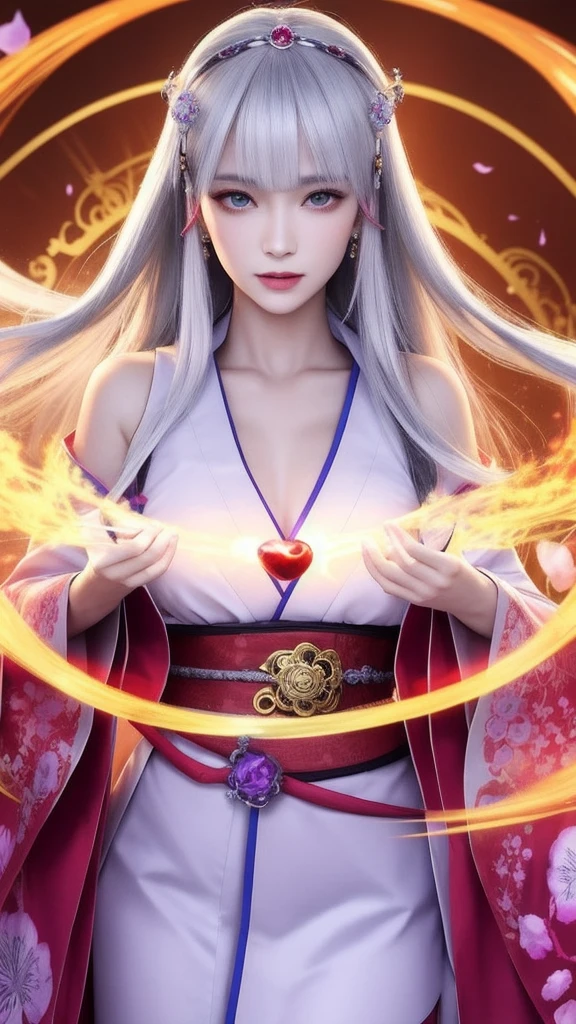 (masterpiece, top quality, 1 female, solo, exquisite details, chromatic aberration), (realistic), (skin), ((breathing)), (silver hair, blunt bangs, cropped straight long hair, short bangs, silver hair), beautiful hair, red headdress, highlights, hair on one eye, beautiful eyes, purple eyes, thick lips, earrings, piercing eyes, ((gold and white kimono)), ((symmetrical eyes)), ((perfectly symmetrical body)), ((perfectly symmetrical hands)), (purerosface_v1:0.3), full moon night, ((self, natural light))), bright lighting, flowers blooming in background, in front of viewer, ((central shot, from the front, (face and shoulders))), mysterious atmosphere, colorful flowers blooming around, bright colored background, shrine maiden in kimono, beautiful shrine maiden, Shrine maiden, fantasy female shrine maiden, female fortune telling shrine maiden, fantasy photography, Japanese style, elegant cinematic fantasy art, fantasy woman, sorceress portrait, powerful wizard surrounded by mystical colorful flowers, holding a glowing heart crystal ball, eyes glowing with mystical energy, spells leaking from her mouth, vibrant sorcery vortexes pulsating with rainbow hues appear in the air, magic permeates, flowers bloom, sacred creatures gaze in awe, threads of magical energy dance, reveal hidden realms, unravel secrets, capture the essence of this enchanting moment and bring to life the mystical power of sorcery on a canvas of the highest quality and finest detail. Top quality, masterpiece, ultra high resolution, (photorealistic: 1.4), RAW photo, sharp focus, high resolution, detailed skin.
Flowers blooming all around, bright colored background, fortune teller in kimono, beautiful fortune teller, fortune teller, fantasy female fortune teller, female fortune teller, fantasy photography, Japanese style, fortune teller in kimono, elegant cinematic fantasy art, fantasy woman, magician portrait, fortune teller, powerful wizard surrounded by mystical colorful flowers, holding a glowing heart c