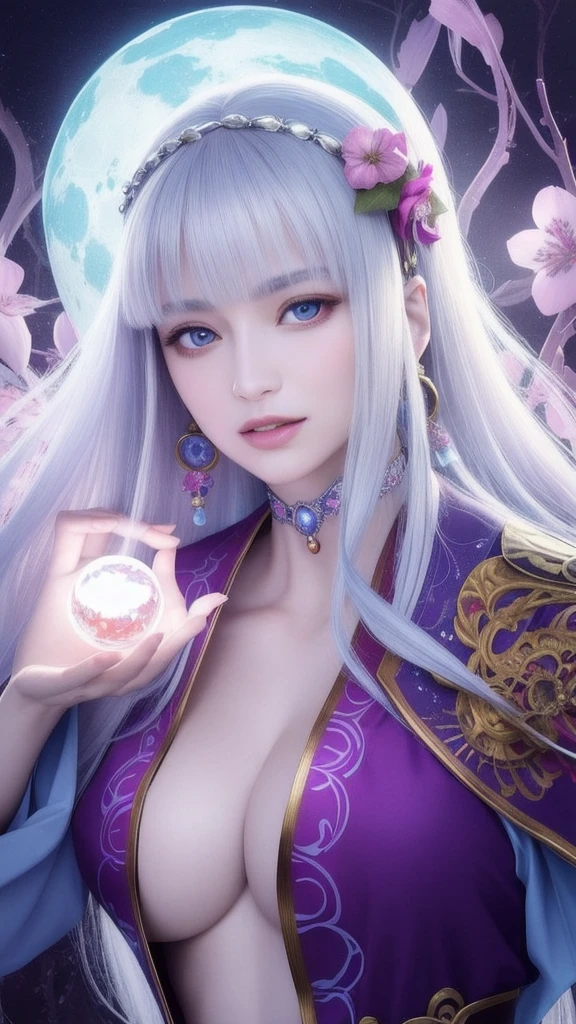(masterpiece, top quality, 1 female, solo, exquisite details, chromatic aberration), (realistic), (skin), ((breathing)), (silver hair, blunt bangs, cropped straight long hair, short bangs, silver hair), beautiful hair, red headdress, highlights, hair on one eye, beautiful eyes, purple eyes, thick lips, earrings, piercing eyes, ((gold and white kimono)), ((symmetrical eyes)), ((perfectly symmetrical body)), ((perfectly symmetrical hands)), (purerosface_v1:0.3), full moon night, ((self, natural light))), bright lighting, flowers blooming in the background, in front of the viewer, ((central shot, from the front, (face and shoulders))), mysterious atmosphere, colorful flowers blooming around, light colored background, fortune teller in kimono, beautiful fortune teller, fortune teller, Fantasy female fortune teller, female fortune teller, fantasy photography, Japanese style, fortune teller in kimono, elegant cinematic fantasy art, fantasy woman, magician portrait, fortune teller, powerful wizard surrounded by mystical colorful flowers, holding a glowing heart crystal ball, eyes glowing with mystical energy, spells leaking from her mouth, vivid swirls of sorcery pulsating with iridescent hues appear in the air, magic permeates, flowers bloom, sacred creatures gaze in awe, threads of magical energy dance, reveal hidden realms, unravel secrets, capture the essence of this enchanting moment and bring to life the mysterious power of sorcery on a canvas of the highest quality and finest detail. Top Quality, Masterpiece, Ultra High Resolution, (Photorealistic: 1.4), RAW Photo, Sharp Focus, High Resolution, Detailed Skin.