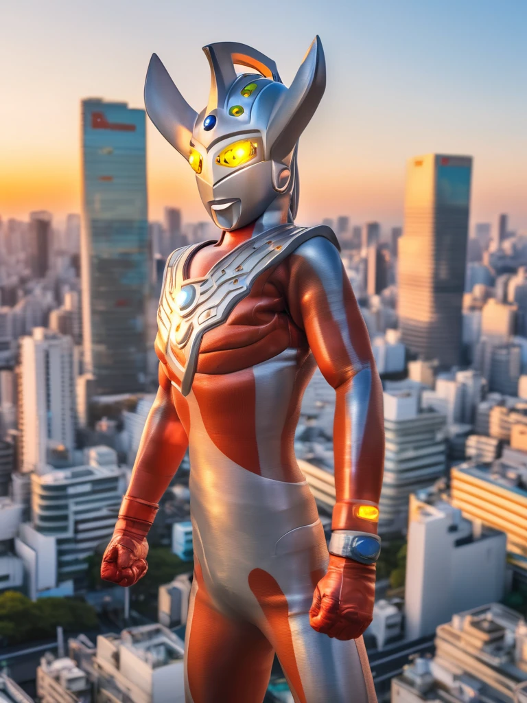 40m tall Giant superhero Ultraman Taro,standing on Tokyo,tall and slim, portrait, fighting pose, photo high quality, realistic photo, reddening at sunset, silver helmet, glass hemisphere on chest glows, yellow eyes, forehead lamp glows,martial arts pose, 4K
