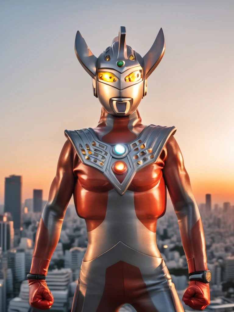 40m tall Giant superhero Ultraman Taro,standing on Tokyo,tall and slim, portrait, fighting pose, photo high quality, realistic photo, reddening at sunset, silver helmet, glass hemisphere on chest glows, yellow eyes, forehead lamp glows,martial arts pose, 4K
