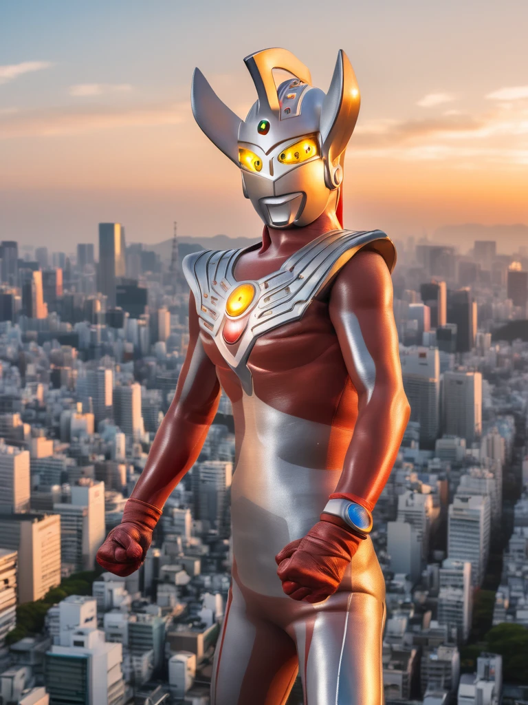 40m tall Giant superhero Ultraman Taro,standing on Tokyo,tall and slim, portrait, fighting pose, photo high quality, realistic photo, reddening at sunset, silver helmet, glass hemisphere on chest glows, yellow eyes, forehead lamp glows,martial arts pose, 4K
