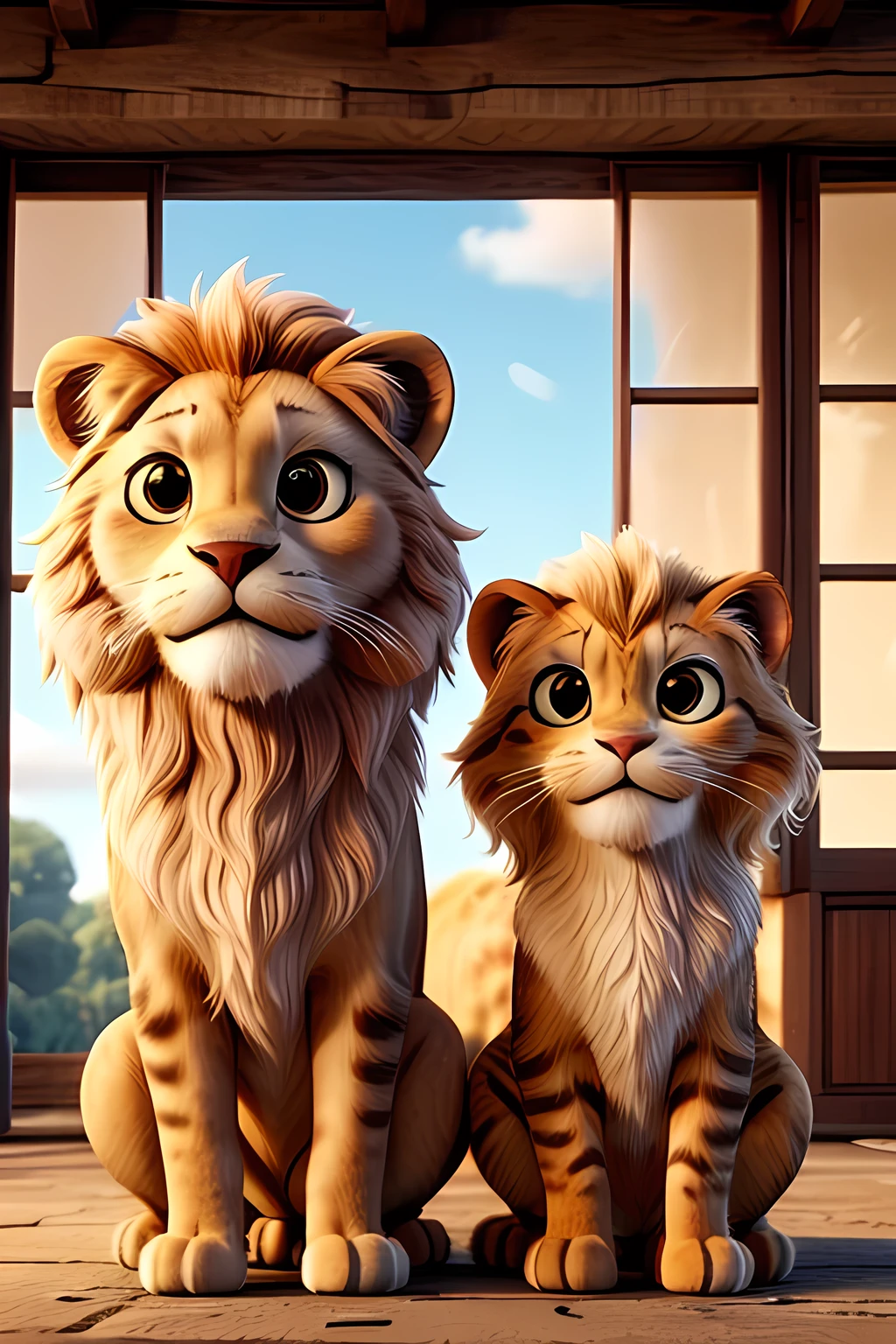 A lion and cat looking each other lovely