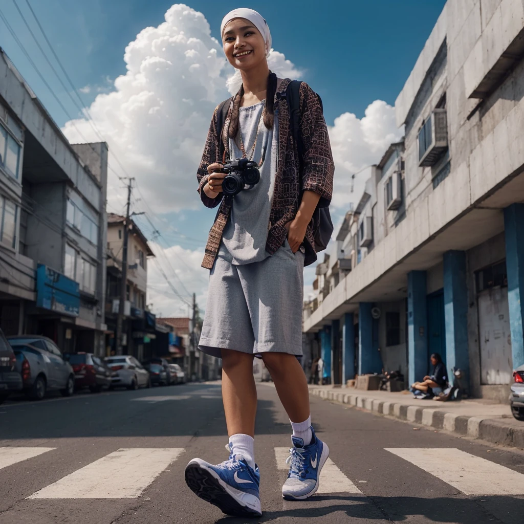 photography an indonesian woman, gypsy costume, wearing nike shoes, wearing a pasmina hijab, holding a camera, sitting on quiet urban street, smile face, one hand holding a camera, background blue sky, white cloud, front view, Ducth Angle (from side) view extreme close shot (focus on feet), equirectangular, aestheticism.