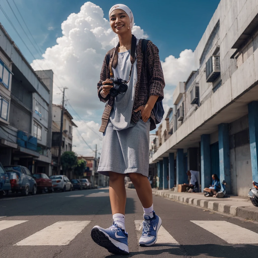 photography an indonesian woman, gypsy costume, wearing nike shoes, wearing a pasmina hijab, holding a camera, sitting on quiet urban street, smile face, one hand holding a camera, background blue sky, white cloud, front view, Ducth Angle (from side) view extreme close shot (focus on feet), equirectangular, aestheticism.