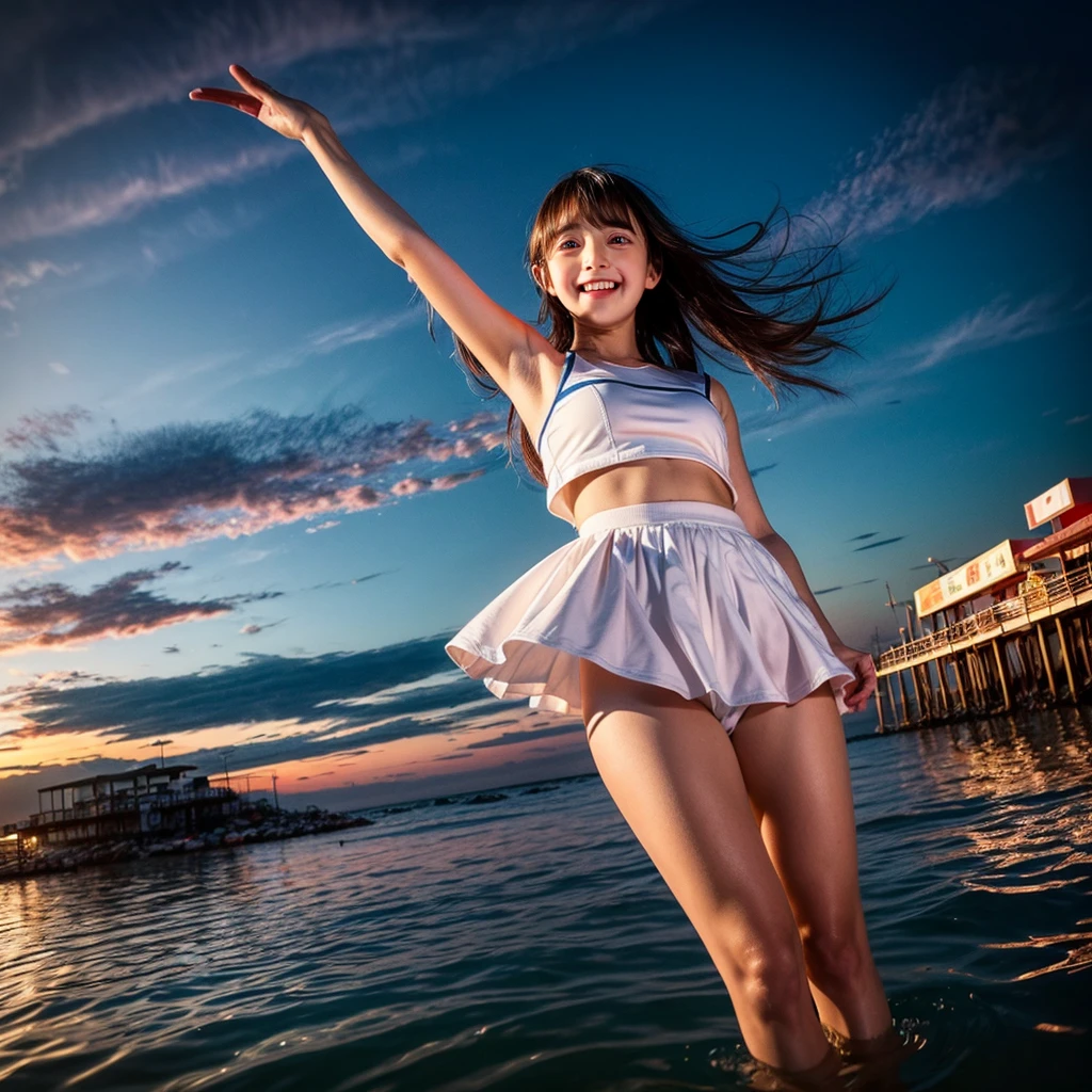 ((ExtremelyDetailed ( KAWAII Girl Floating:1.37) in WHITE at Dusk Enoshima Beach)), (masterpiece 8K TopQuality) (ProfessionalPhoto:1.37), {(Standing Full Body:1.2)|(from below:1.2)}, Different types of hair colors, {(White skinny(School Swimwear))|(SchoolUniform) with Tiny AthleticShorts}, {(Corrected Childish hand)|Hidden hand|Armpit|Different types of breasts|(Clearly Visible the shape of Butt)}, Joyful Expressions LifeLike Rendering, PerfectLighting, Dazzling Horizon {Colorful Clouds | Starry IridescentParticles} VolumetricLighting (Acutance:0.8)