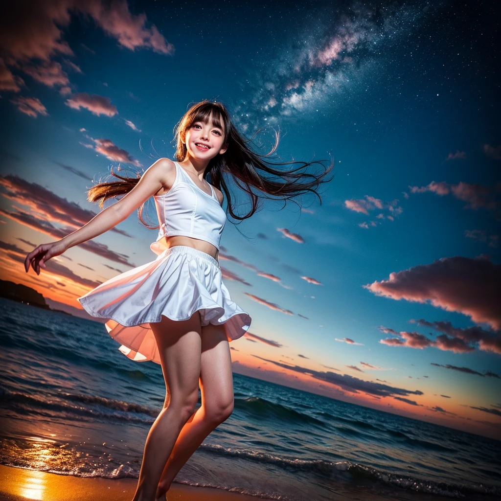 ((ExtremelyDetailed ( KAWAII Girl Floating:1.37) in WHITE at Dusk Enoshima Beach)), (masterpiece 8K TopQuality) (ProfessionalPhoto:1.37), {(Standing Full Body:1.2)|(from below:1.2)}, Different types of hair colors, {(White skinny(School Swimwear))|(SchoolUniform) with Tiny AthleticShorts}, {(Corrected Childish hand)|Hidden hand|Armpit|Different types of breasts|(Clearly Visible the shape of Butt)}, Joyful Expressions LifeLike Rendering, PerfectLighting, Dazzling Horizon {Colorful Clouds | Starry IridescentParticles} VolumetricLighting (Acutance:0.8)