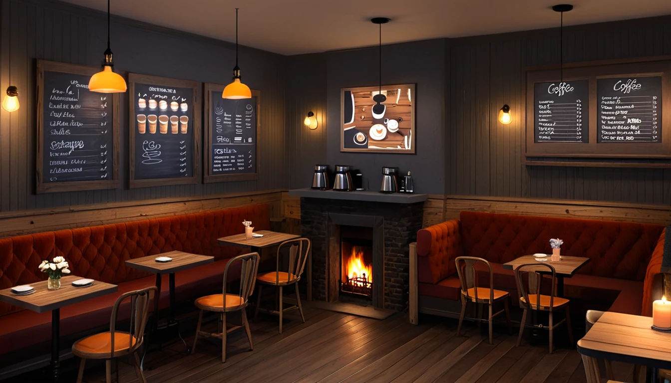 Create a drawing that depicts the cosy and warm interior atmosphere of a coffee shop at night. The lighting of the room is dim with the soft glow of an orange chandelier, creating a warm atmosphere inside the wooden-floored room. There is a fireplace, the walls of the shop are decorated with a chalkboard displaying a menu of coffee and other drinks, a large window provides a view outside, where it is nighttime and snow is falling slowly under the light of a street lamp. The furniture in the room consists of red upholstered chairs and wooden tables, one of which is intimately set up for two with a small vase of fresh flowers and candles that cause shadows to flicker. Simplicity and cosiness adorn the atmosphere of a winter night at this coffee shop.