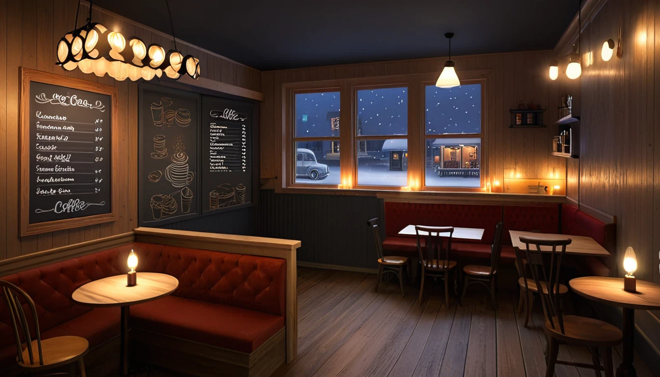 Create a drawing that depicts the cosy and warm interior atmosphere of a coffee shop at night. The lighting of the room is dim with the soft glow of an orange chandelier, creating a warm atmosphere inside the wooden-floored room. There is a fireplace, the walls of the shop are decorated with a chalkboard displaying a menu of coffee and other drinks, a large window provides a view outside, where it is nighttime and snow is falling slowly under the light of a street lamp. The furniture in the room consists of red upholstered chairs and wooden tables, one of which is intimately set up for two with a small vase of fresh flowers and candles that cause shadows to flicker. Simplicity and cosiness adorn the atmosphere of a winter night at this coffee shop.