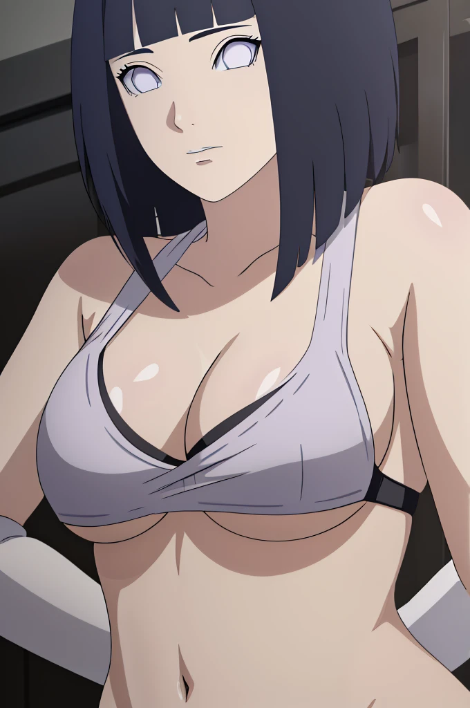masterpiece, (intricate details), (colorful),cinematic lighting,extremely detailed CG unity 8k wallpaper ,hinata\(boruto\), 1girl,solo, large breasts, (hinata, hyuuga hinata, purple eyes, blunt bangs, black hair) big breasts, perfect breasts, large breasts, round breasts, sexy body, slim waist, nice hips, black bra, cleavage, bare shoulders, collarbone, underboob, white bikini, bikini, swimsuit, small bikini, plain background, close up shot, portrait, upper body shot, white backdrop, perfect eyes, glowing eyes, beautiful eyes, black background, simple background, no background ,