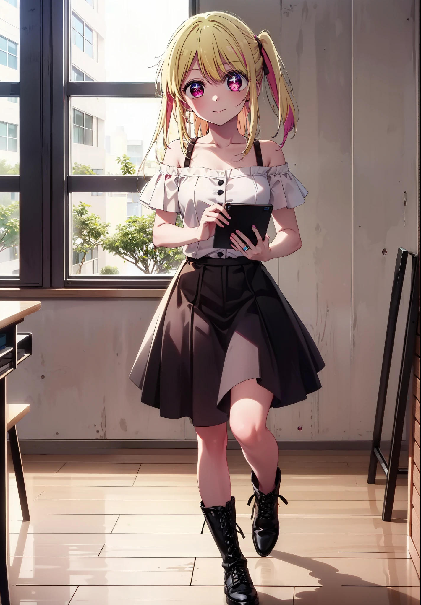 rubyhoshino, Hoshino Ruby, Long Hair, bangs, Blonde, (Pink Eyes:1.3), (Symbol-shaped pupil:1.5), Multicolored Hair, Two-tone hair, happy smile, smile, Close your mouth,
break, Cold Shoulder Shirt,Short sleeve,Long skirt,Black pantyhose,short boots,There is a computer on the table,Walking,interior,whole bodyがイラストに入るように,Daytime,Clear skies,
break indoors, office,
break looking at viewer, whole body,
break (masterpiece:1.2), Highest quality, High resolution, unity 8k wallpaper, (figure:0.8), (Beautiful attention to detail:1.6), Highly detailed face, Perfect lighting, Highly detailed CG, (Perfect hands, Perfect Anatomy),