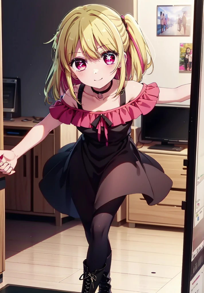 rubyhoshino, Hoshino Ruby, Long Hair, bangs, Blonde, (Pink Eyes:1.3), (Symbol-shaped pupil:1.5), Multicolored Hair, Two-tone hair, happy smile, smile, Close your mouth,
break, Cold Shoulder Shirt,Short sleeve,Long skirt,Black pantyhose,short boots,There is a computer on the table,Walking,interior,whole bodyがイラストに入るように,Daytime,Clear skies,
break indoors, office,
break looking at viewer, whole body,
break (masterpiece:1.2), Highest quality, High resolution, unity 8k wallpaper, (figure:0.8), (Beautiful attention to detail:1.6), Highly detailed face, Perfect lighting, Highly detailed CG, (Perfect hands, Perfect Anatomy),