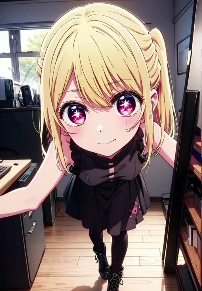 rubyhoshino, Hoshino Ruby, Long Hair, bangs, Blonde, (Pink Eyes:1.3), (Symbol-shaped pupil:1.5), Multicolored Hair, Two-tone hair, happy smile, smile, Close your mouth,
break, Cold Shoulder Shirt,Short sleeve,Long skirt,Black pantyhose,short boots,There is a computer on the table,Walking,interior,whole bodyがイラストに入るように,Daytime,Clear skies,
break indoors, office,
break looking at viewer, whole body,
break (masterpiece:1.2), Highest quality, High resolution, unity 8k wallpaper, (figure:0.8), (Beautiful attention to detail:1.6), Highly detailed face, Perfect lighting, Highly detailed CG, (Perfect hands, Perfect Anatomy),