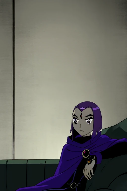 raven, 1girl, solo, purple eyes, purple hair, short hair, colored skin, forehead jewel, blue cape, blue cloak, best quality, masterpiece, sitting, couches