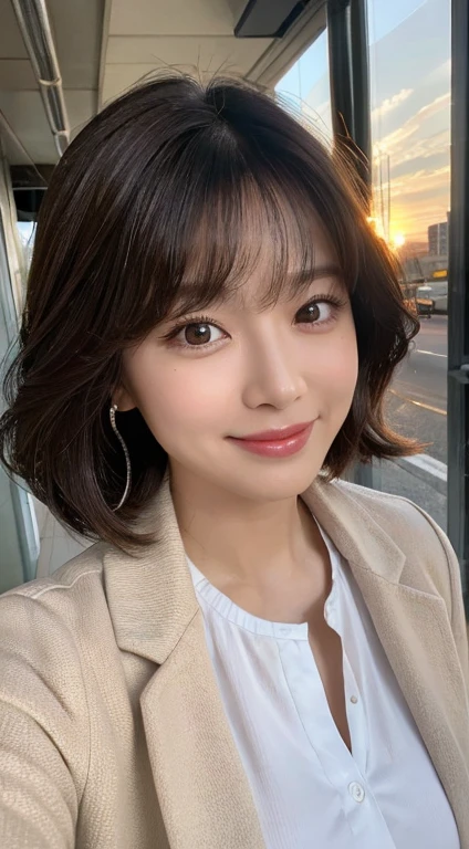 (Highest quality,8K quality,masterpiece:1.3),(Ultra-high resolution,Photorealistic:1.4,Raw photo),(Ultra-detailed,Caustics,Detailed Background),(Ultra-Realistic Capture,Beautiful and detailed skin,Perfect Anatomy),At sunset,Daytime,office Street,,52 years old,cute,beautiful,double eyelid,Brown hair medium curls,Jacket,Looking into the camera,Laughter,Bust up shot,Natural soft light