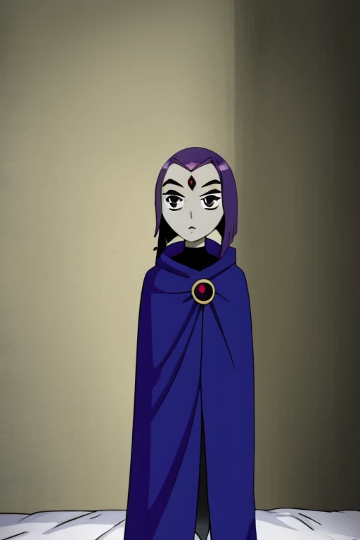 raven, 1girl, solo, purple eyes, purple hair, short hair, colored skin, forehead jewel, blue cape, blue cloak, best quality, masterpiece, bedroom, standing