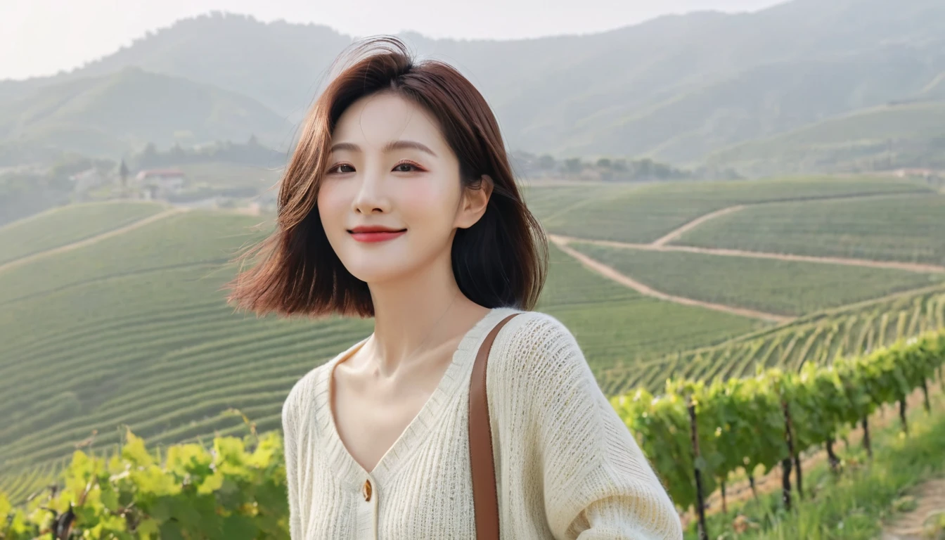 8k best picture quality, Beautiful 36-year-old Korean woman, My skin is good and my eyes are clear and pretty... clear and nice weather. Chest size 34 inches, italian countryside, past the vineyard, A cathedral can be seen in the fog in the distance.., The back background is realistic and vivid quality., Short and medium hair blowing in the wind, Wearing a luxurious luxury knit Light brush that covers your shoulders. casual pants, smile. the background is clear, Short and slim Korean woman, stand far away, Photo taken with a wide-angle lens, 1 womans. casual pants, laugh. the background is clear, Short and slim Korean woman, stand far away, Photo taken with a wide-angle lens, 1 woman