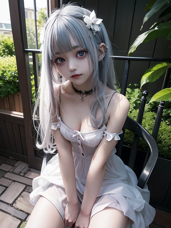 Completely naked,Sexy and firm super small breasts、Showing breasts and nipples、gothic punk girl,Sexy cute looks and cute 15 year old beautiful girl, White long straight hair、Beautiful and sexy face、Sitting on a chair with legs wide open、Beautiful, cute and sexy eyes hidden by long bangs,Light blue eyes、Showing breasts and nipples