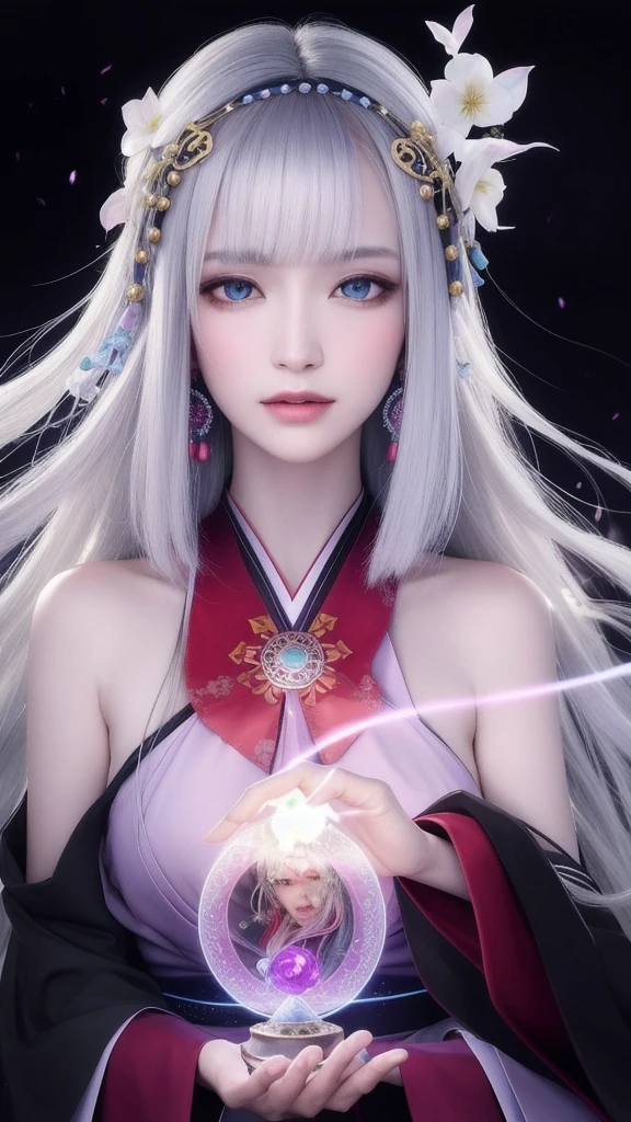 (masterpiece, top quality, 1 female, solo, exquisite details, chromatic aberration), (realistic), (skin), ((breathing)), (silver hair, blunt bangs, cropped straight long hair, short bangs, silver hair), beautiful hair, red headdress, highlights, hair on one eye, beautiful eyes, purple eyes, thick lips, earrings, piercing eyes, ((gold and white kimono)), ((symmetrical eyes)), ((perfectly symmetrical body)), ((perfectly symmetrical hands)), (purerosface_v1:0.3), full moon night, ((self, natural light))), bright lighting, flowers blooming in background, in front of viewer, ((central shot, from the front, (face and shoulders))), mysterious atmosphere, colorful flowers blooming around, bright colored background, shrine maiden in kimono, beautiful shrine maiden, Shrine maiden, fantasy female shrine maiden, female fortune telling shrine maiden, fantasy photography, Japanese style, elegant cinematic fantasy art, fantasy woman, sorceress portrait, powerful wizard surrounded by mystical colorful flowers, holding a glowing heart crystal ball, eyes glowing with mystical energy, spells leaking from her mouth, vibrant sorcery vortexes pulsating with rainbow hues appear in the air, magic permeates, flowers bloom, sacred creatures gaze in awe, threads of magical energy dance, reveal hidden realms, unravel secrets, capture the essence of this enchanting moment and bring to life the mystical power of sorcery on a canvas of the highest quality and finest detail. Top quality, masterpiece, ultra high resolution, (photorealistic: 1.4), RAW photo, sharp focus, high resolution, detailed skin.
Flowers blooming all around, bright colored background, fortune teller in kimono, beautiful fortune teller, fortune teller, fantasy female fortune teller, female fortune teller, fantasy photography, Japanese style, fortune teller in kimono, elegant cinematic fantasy art, fantasy woman, magician portrait, fortune teller, powerful wizard surrounded by mystical colorful flowers, holding a glowing heart c