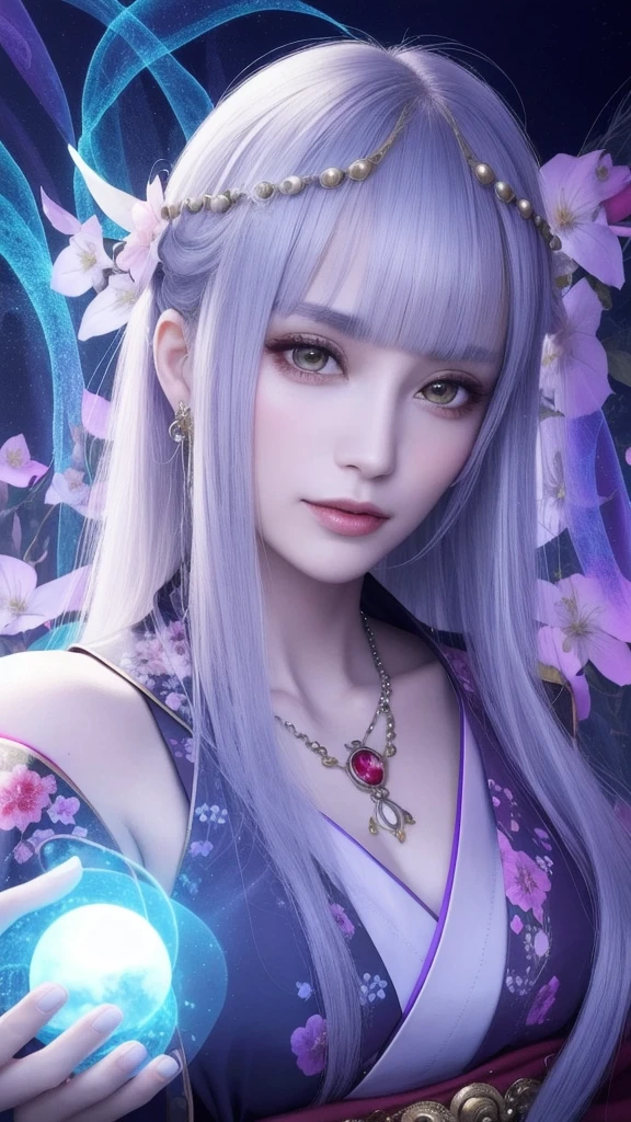 (masterpiece, top quality, 1 female, solo, exquisite details, chromatic aberration), (realistic), (skin), ((breathing)), (silver hair, blunt bangs, cropped straight long hair, short bangs, silver hair), beautiful hair, red headdress, highlights, hair on one eye, beautiful eyes, purple eyes, thick lips, earrings, piercing eyes, ((gold and white kimono)), ((symmetrical eyes)), ((perfectly symmetrical body)), ((perfectly symmetrical hands)), (purerosface_v1:0.3), full moon night, ((self, natural light))), bright lighting, flowers blooming in background, in front of viewer, ((central shot, from the front, (face and shoulders))), mysterious atmosphere, colorful flowers blooming around, bright colored background, shrine maiden in kimono, beautiful shrine maiden, Shrine maiden, fantasy female shrine maiden, female fortune telling shrine maiden, fantasy photography, Japanese style, elegant cinematic fantasy art, fantasy woman, sorceress portrait, powerful wizard surrounded by mystical colorful flowers, holding a glowing heart crystal ball, eyes glowing with mystical energy, spells leaking from her mouth, vibrant sorcery vortexes pulsating with rainbow hues appear in the air, magic permeates, flowers bloom, sacred creatures gaze in awe, threads of magical energy dance, reveal hidden realms, unravel secrets, capture the essence of this enchanting moment and bring to life the mystical power of sorcery on a canvas of the highest quality and finest detail. Top quality, masterpiece, ultra high resolution, (photorealistic: 1.4), RAW photo, sharp focus, high resolution, detailed skin.
Flowers blooming all around, bright colored background, fortune teller in kimono, beautiful fortune teller, fortune teller, fantasy female fortune teller, female fortune teller, fantasy photography, Japanese style, fortune teller in kimono, elegant cinematic fantasy art, fantasy woman, magician portrait, fortune teller, powerful wizard surrounded by mystical colorful flowers, holding a glowing heart c