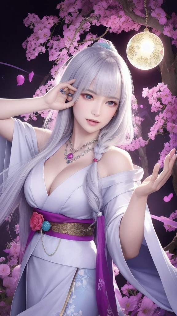 (masterpiece, top quality, 1 female, solo, exquisite details, chromatic aberration), (realistic), (skin), ((breathing)), (silver hair, blunt bangs, cropped straight long hair, short bangs, silver hair), beautiful hair, red headdress, highlights, hair on one eye, beautiful eyes, purple eyes, thick lips, earrings, piercing eyes, ((gold and white kimono)), ((symmetrical eyes)), ((perfectly symmetrical body)), ((perfectly symmetrical hands)), (purerosface_v1:0.3), full moon night, ((self, natural light))), bright lighting, flowers blooming in background, in front of viewer, ((central shot, from the front, (face and shoulders))), mysterious atmosphere, colorful flowers blooming around, bright colored background, shrine maiden in kimono, beautiful shrine maiden, Shrine maiden, fantasy female shrine maiden, female fortune telling shrine maiden, fantasy photography, Japanese style, elegant cinematic fantasy art, fantasy woman, sorceress portrait, powerful wizard surrounded by mystical colorful flowers, holding a glowing heart crystal ball, eyes glowing with mystical energy, spells leaking from her mouth, vibrant sorcery vortexes pulsating with rainbow hues appear in the air, magic permeates, flowers bloom, sacred creatures gaze in awe, threads of magical energy dance, reveal hidden realms, unravel secrets, capture the essence of this enchanting moment and bring to life the mystical power of sorcery on a canvas of the highest quality and finest detail. Top quality, masterpiece, ultra high resolution, (photorealistic: 1.4), RAW photo, sharp focus, high resolution, detailed skin.
Flowers blooming all around, bright colored background, fortune teller in kimono, beautiful fortune teller, fortune teller, fantasy female fortune teller, female fortune teller, fantasy photography, Japanese style, fortune teller in kimono, elegant cinematic fantasy art, fantasy woman, magician portrait, fortune teller, powerful wizard surrounded by mystical colorful flowers, holding a glowing heart c