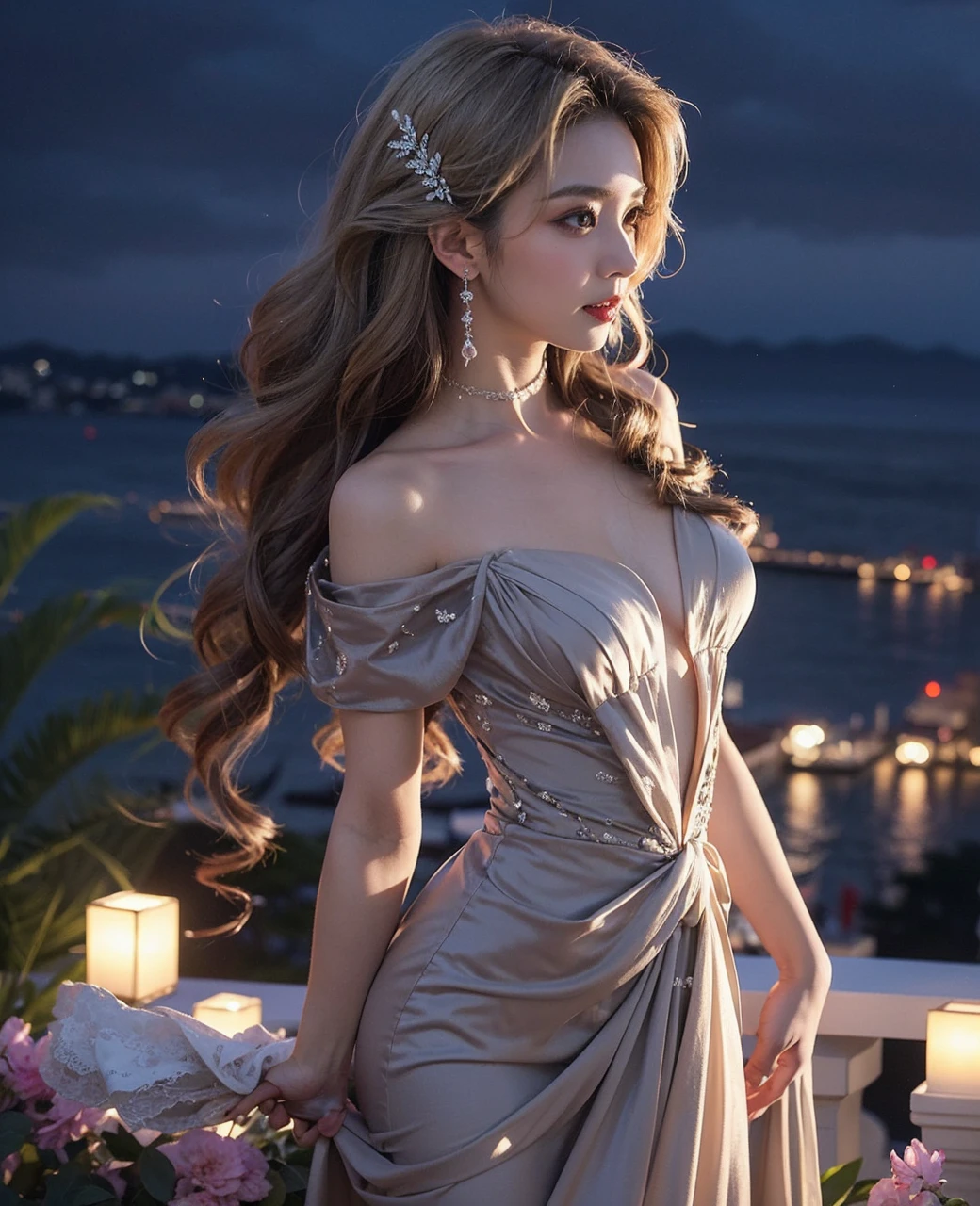 Beautiful Japanese waifu, early 30s, brunette hair, luxury evening gown, in balcony, night harbor backdrop