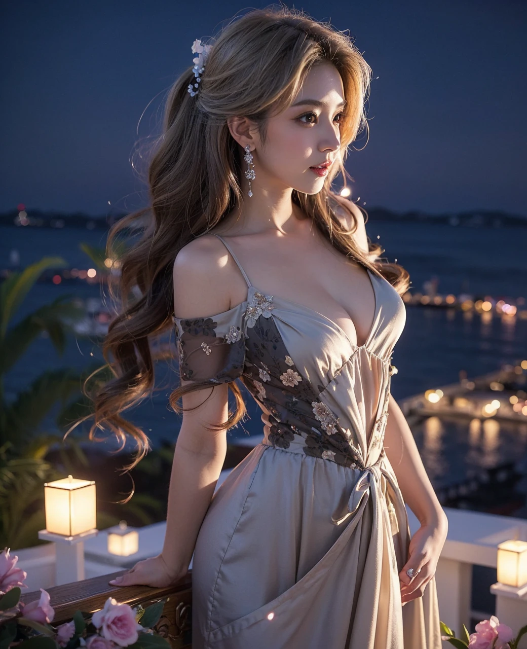 Beautiful Japanese waifu, early 30s, brunette hair, luxury evening gown, in balcony, night harbor backdrop