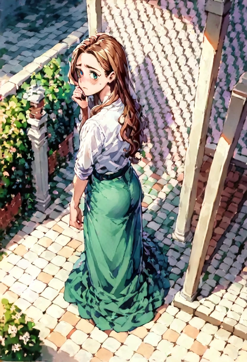 (One Girl:1.3), (Realistic:1.4), (masterpiece, Highest quality, Highest quality, Official Art), Very detailed, Most detailed, (Very detailedな), ((Very delicate and beautiful)), Cinematic Light, Contemporary, Silky long hair, She is standing at the station, At night, shirt, Long skirt, Butt crack, Upper Body, From above, shy, blush, (Remember:1.4),((Fine grain:1.3))