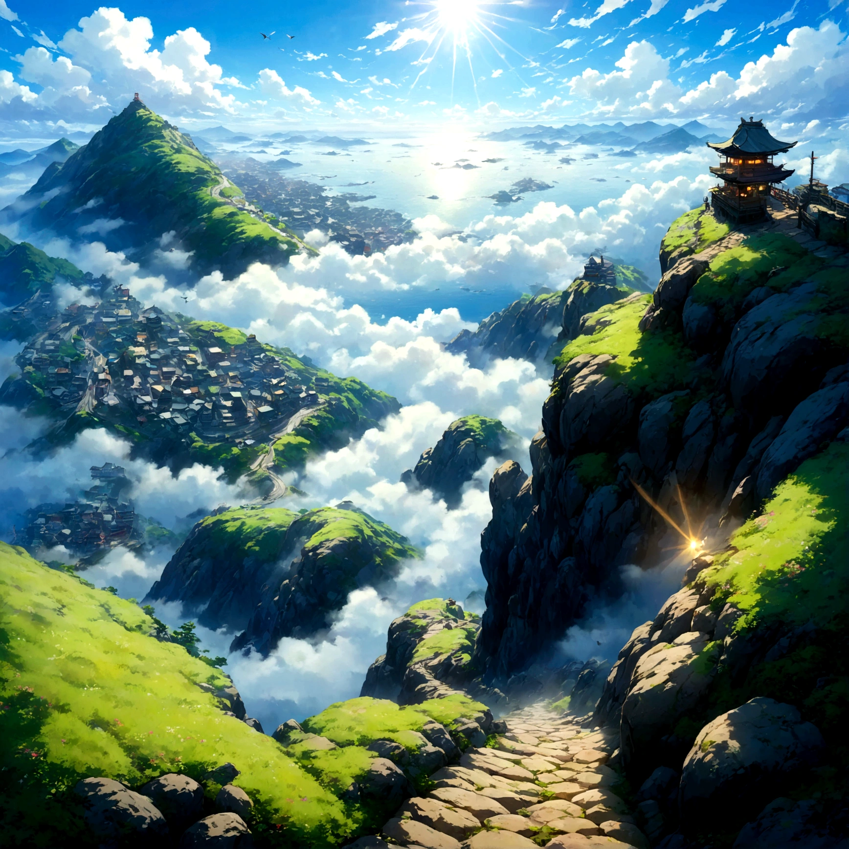 Beautiful game world,Fantasy,Furai no Shiren,Mount Sten,Mid-slope,First Person View,Steep mountain roads,Rock surface,wood々,fog,Faint sunlight,Birds chirping,The sound of the wind,Silence,View from above,sea of clouds,Distant City,sense of achievement,Fatigue,Shiren&#39;s Point of View,Grim expression