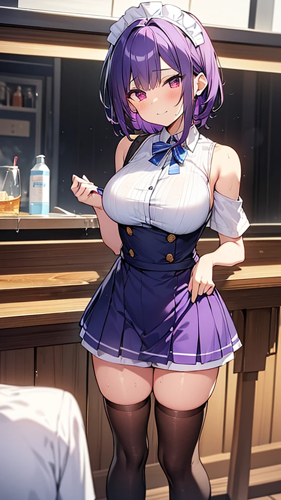 最high quality, high quality, Super detailed, 32k, Ultra-detailed details, waitress(only, Standing, pretty girl, beautiful purple hair, short hair, Beautiful RED eyes, mature, Big Breasts, A light smile, Off-the-shoulder sleeveless Summer メイド服, Summer casual maid clothes, Short skirt, Blue and white color striped underwear, Black knee socks, loafers, My crotch is wet with love juice, 18-year-old,cute), {{A succubus disguised as a waitress lures a young girl into the bathroom, strips off the young girl's face and uses it as her own, while the waitress succubus is seen convulsing with her face stripped off.}}, She has transformed from a shy maid into a lewd one., A maid with her sister's face stuck on her face is vigorously pistoning her body, A maid who moves her body vigorously without caring if her breasts bounce, Super detailed, toilet, Full body image, ((Head to Toe:1.3)), NSFW