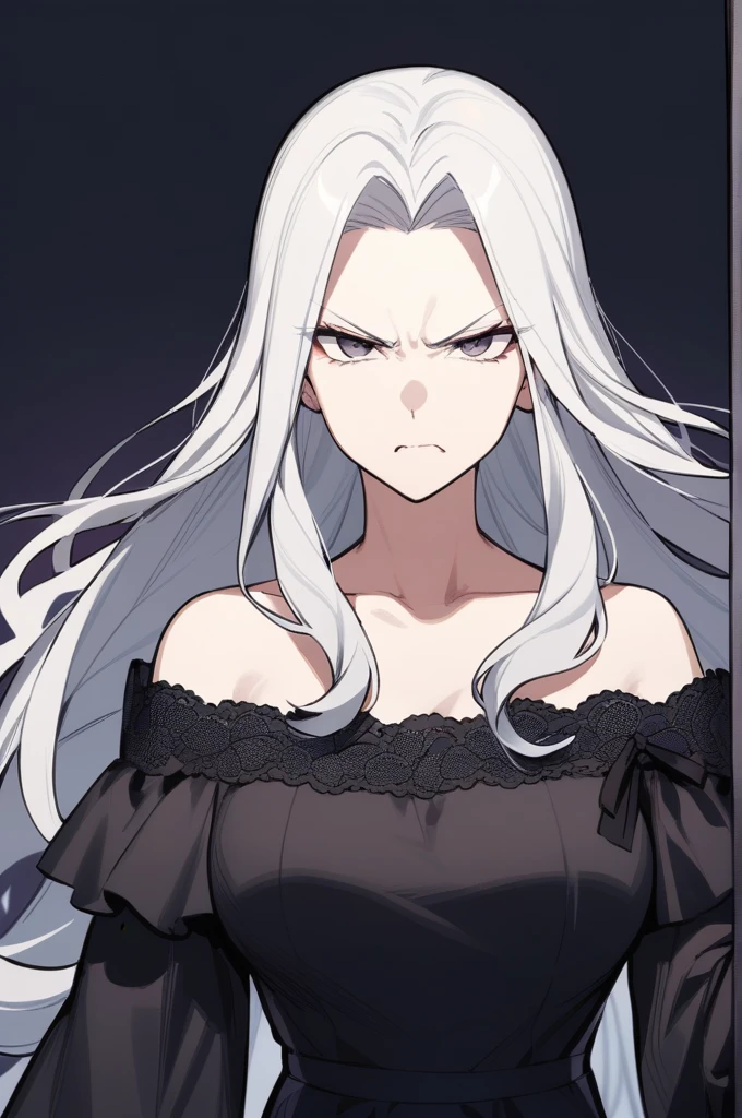A woman with long hair, wearing an off-the-shoulder dress, has a fierce face, and is a middle-aged woman.