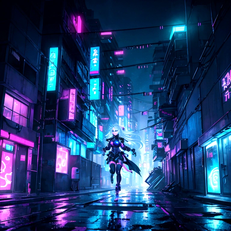 CD cover art for "Chasing Shadows". Cyberpunk night cityscape. Futuristic anime cool girl with long asymmetrical silver hair and blue eyes in the foreground, wearing high-tech rock'n Harajuku clothes with LED accents and cyberpunk accessories. She's running down an empty neon-lit street, chasing her own elongated shadow. Blurred city lights in the background. Raindrops reflecting neon colors. Concrete towers looming overhead. Faint silhouettes of faces in windows. Blue tones dominate, with splashes of bright neon colors. Shadow figures barely visible in alleyways. A hint of dawn breaking in the distance. Highly detailed, dynamic composition with a mix of motion blur and sharp focus, emphasizing the chase and the transition from night to day. Emotional contrast between isolation and hope reflected in the lighting and character's expression.